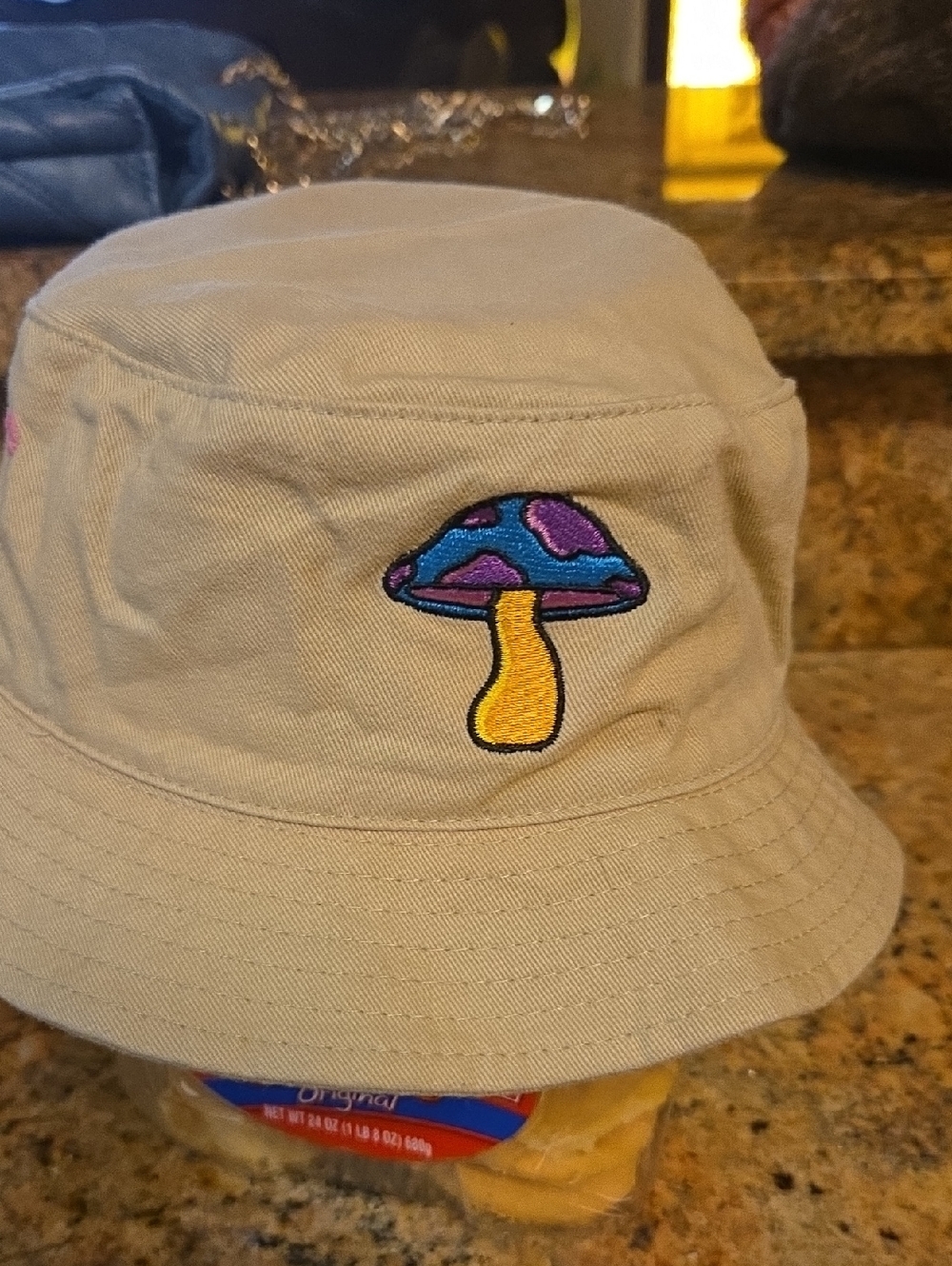 Beige Bucket Hat with Colorful Mushroom Embroidery